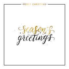 Fototapeta na wymiar Seasons greetings gold text with black splashes isolated on white background, hand painted letter, golden vector christmas lettering for holiday card, poster, print, invitation,handwritten calligraphy