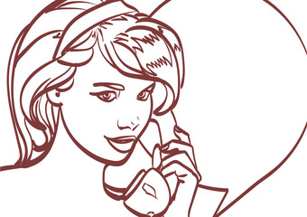 Vector picture of beautiful woman with phone, pin up, pop art illustration. Isolated eps10.