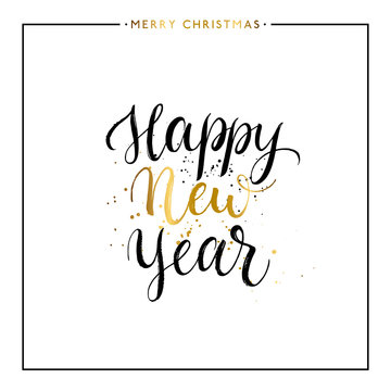 Happy New Year gold text isolated on white background, hand painted letter, golden vector new year lettering for holiday card, poster, banner, print, invitation, handwritten calligraphy
