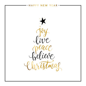 Joy, love, peace, believe, Christmas gold text isolated on white background, Happy New Year and Christmas card, golden vector Xmas lettering for holiday card, poster, banner, print, invitation