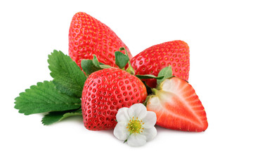 fresh organic strawberries with leaf and flower on white