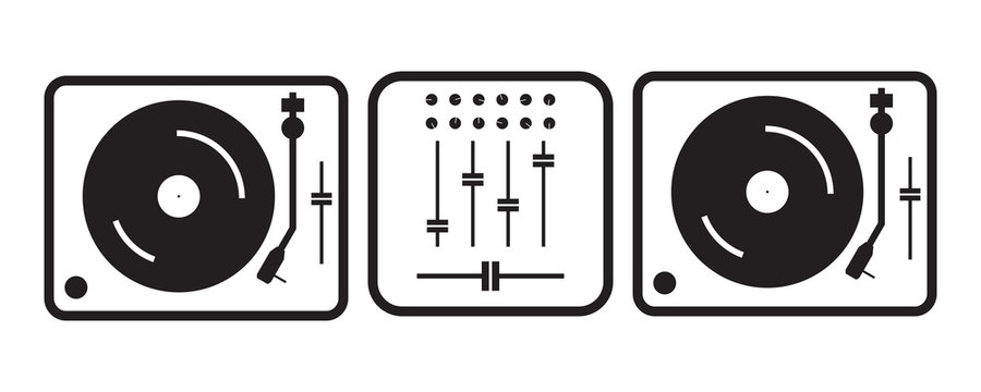 Simple flat outlined dj turntables illustration, grayscale on white background