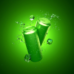 Green background with a drink in aluminum cans. Drink, drink, re