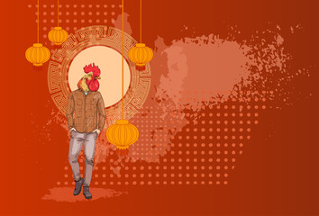 Cartoon Rooster Hipster Wearing Jeans Over Chinese Traditional Background Happy 2017 New Year Symbol Vector Illustration