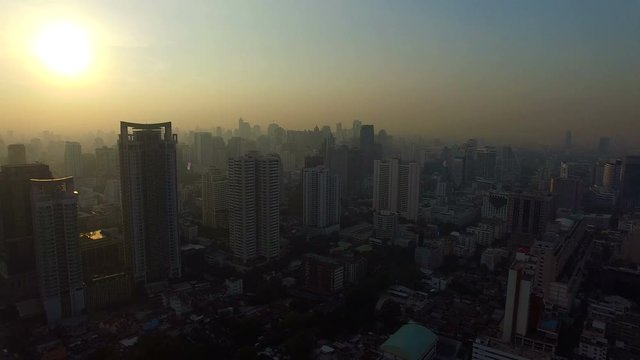 aerial view of skyline in bangkok thailand foggy morning 