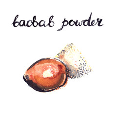 Watercolor painting and hand lettering of baobab powder on white isolated background