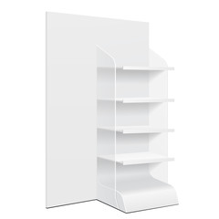 White Cardboard Floor Display Rack For Supermarket Blank Empty Displays With Shelves And Banner Products Mock Up On White Background Isolated. Ready For Your Design. Product Packing. Vector EPS10 - 130430589