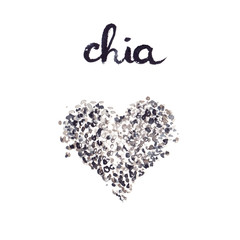 Watercolor painting and hand lettering of chia seeds arranged in the shape of a heart on white isolated background