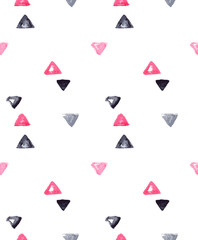 Seamless pattern with pink, black and grey triangles painted in watercolor on white isolated background