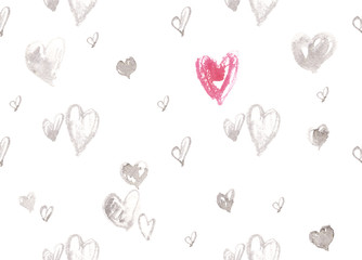 Seamless pattern with pastel grey hearts and one big pink heart painted in watercolor on white isolated background - 130431348