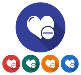 Round icon of heart with minus sign. Flat style illustration with long shadow in five variants background color