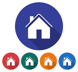 Round icon of home. Flat style illustration with long shadow in five variants background color