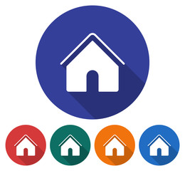 Round icon of home. Flat style illustration with long shadow in five variants background color