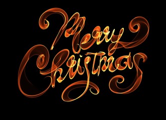 Merry Christmas isolated text lettering written with flame fire light on black background. Orange red color