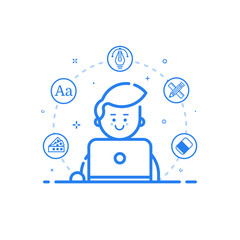 Vector illustration of blue icon in flat line style. Linear cute and happy man with laptop. Graphic design concept of graphic designer use in Web Project and Applications Outline isolated object.