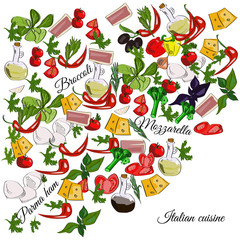 Italian cuisine top view frame. Food menu design. Vector drawn sketch illustration.