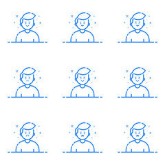 Vector illustration of blue icons in flat line style. Linear cute and happy mans. Graphic design concept of Emoji and Avatar. Use in Web Project and Applications Outline isolated object.