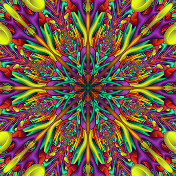 Rainbow colored glossy fractal mandala. Digitally generated colorful 3D mandala with many glossy elements.