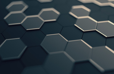 Obraz na płótnie Canvas Abstract 3d rendering of futuristic surface with hexagons. Contemporary sci-fi background with bokeh effect. Poster design.
