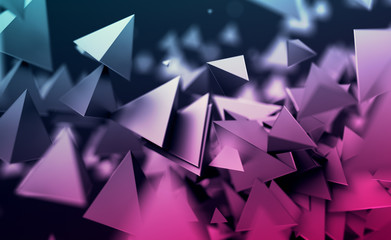 Abstract 3d rendering of chaotic low poly shapes. Flying polygonal pyramids in empty space. Futuristic background with bokeh effect. Poster design.