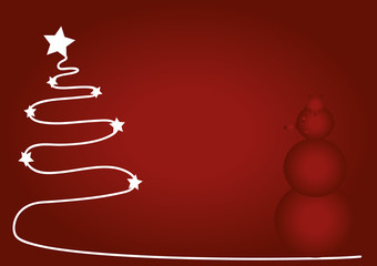 Christmas red background with white Christmas tree and red snowman. Merry Christmas theme.
