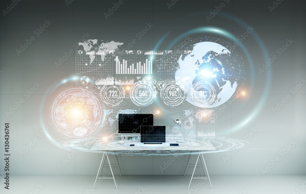 Aufkleber workplace with modern devices and hologram screens 3d rendering
