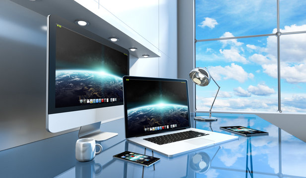 Modern Glass Desk Interior With Computer And Devices 3D Renderin