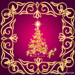 Abstract waves background with christmas tree. Vector illustration in lilac and gold colors.