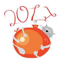  favorite game of the new year 2017/ hilarious cat and a Christmas ball with a rooster symbol hangs on the figure of seven 