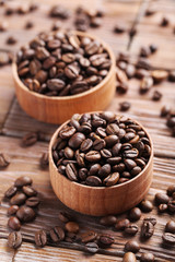 Roasted coffee beans on a brown wooden table