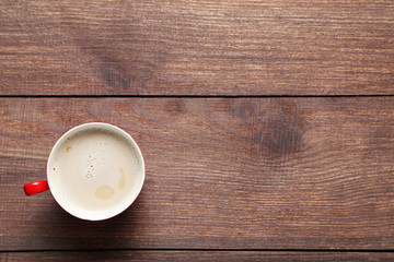 Cup of coffee on a brown wooden table