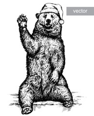Brown bear, black and white engrave. Christmas hat.
