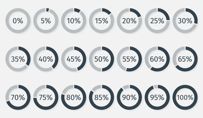 Set of circle percentage diagrams for infographics, 0 5 10 15 20 25 30 35 40 45 50 55 60 65 70 75 80 85 90 95 100 percent. Vector illustration. - obrazy, fototapety, plakaty