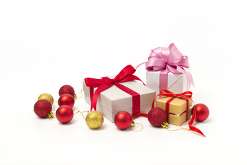 Box with gifts , christmas concept  and  red ribbon , pink ribbon isolated on white background.