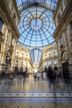 The shopping arcades and the glass dome of the historical Galleria Vittorio Emanuele II, Milan, Lombardy