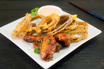 onion rings and barbecue wings