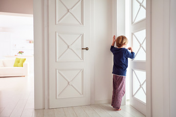 curious young boy looks into the ajar door