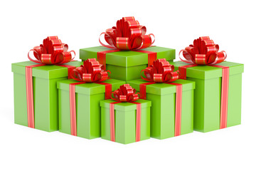 Green gift boxes with red ribbon and bow, 3D rendering