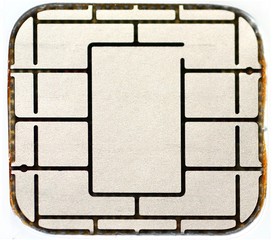 Macro of a credit card chip on white background.