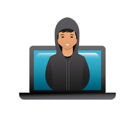 cartoon hacker man with laptop computer icon over white background. cyber security concept. colorful design. vector illustration