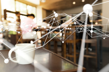 Deep learning , Neural networks , Machine learning and artificial intelligence concept. Atom connect with blur coffee shop or retail store background