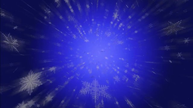 animated snowflakes flying forward on a blue background 3d render