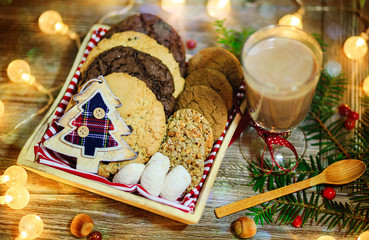 Christmas cookies and coffee with festive decoration