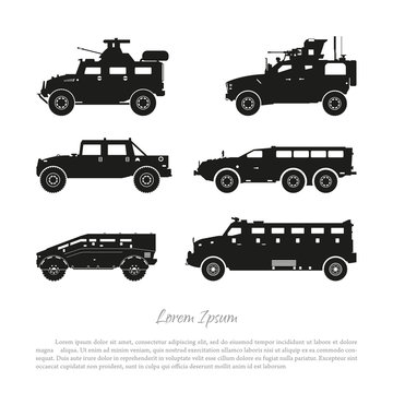 Black silhouette of military car on white background. War SUV in side view. Vector illustration