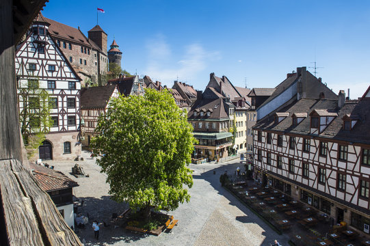 View over the Albrecht Duerer square and the imperial castle of Nuremberg, Bavaria, Germany