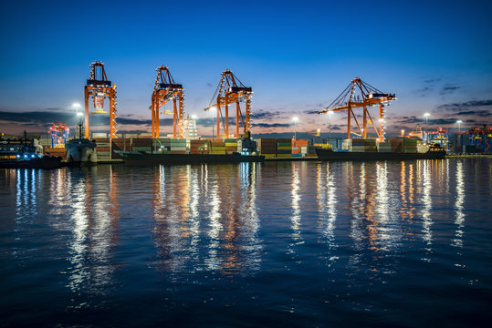 Industrial sea port of Mersin at night. Turkey
