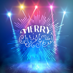 Show background. Merry Christmas Brush Script Style Hand lettering. Smoky vector stage interior shining with light from a projector