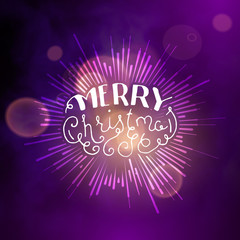 Show background. Merry Christmas Brush Script Style Hand lettering. Smoky vector stage interior shining with light from a projector