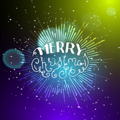 Show background. Merry Christmas Brush Script Style Hand lettering. Smoky vector stage interior shining with light from a projector