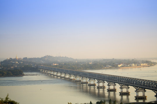 Views over the Thanlwin (Salween) river and Mawlamyine bridge and town, Mawlamyine, Mon